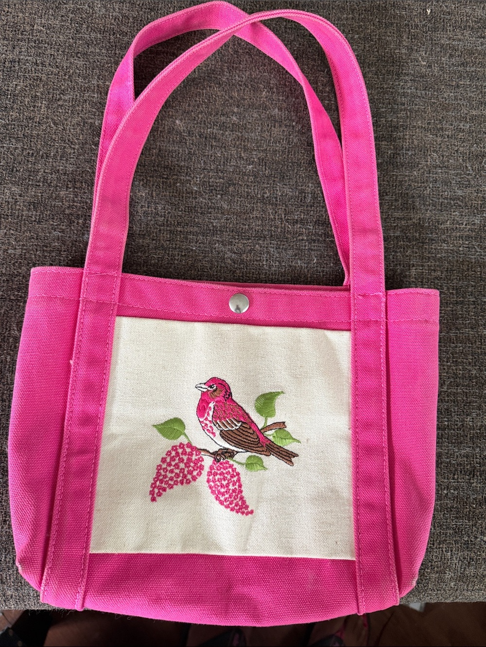 Pink Canvas Tote Bag with Embroidered Bird
